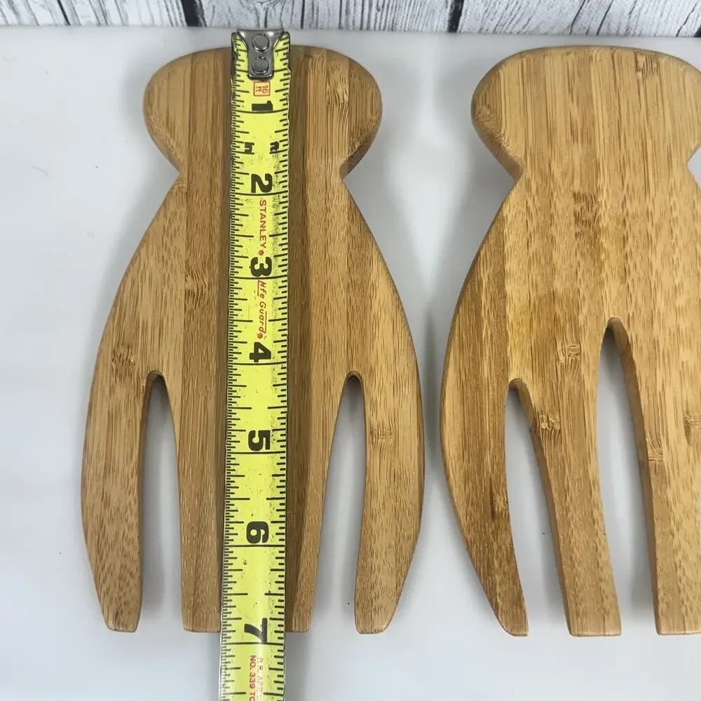 Bamboo Salad Hands Servers Tongs Set of 2 Natural Wood Kitchen Utensil
